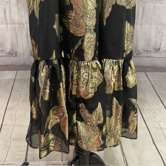 Alex Marie Black Gold Mock Neck Puff Sleeve Midi Dress Belted Pockets Cocktail - Picture 5 of 16